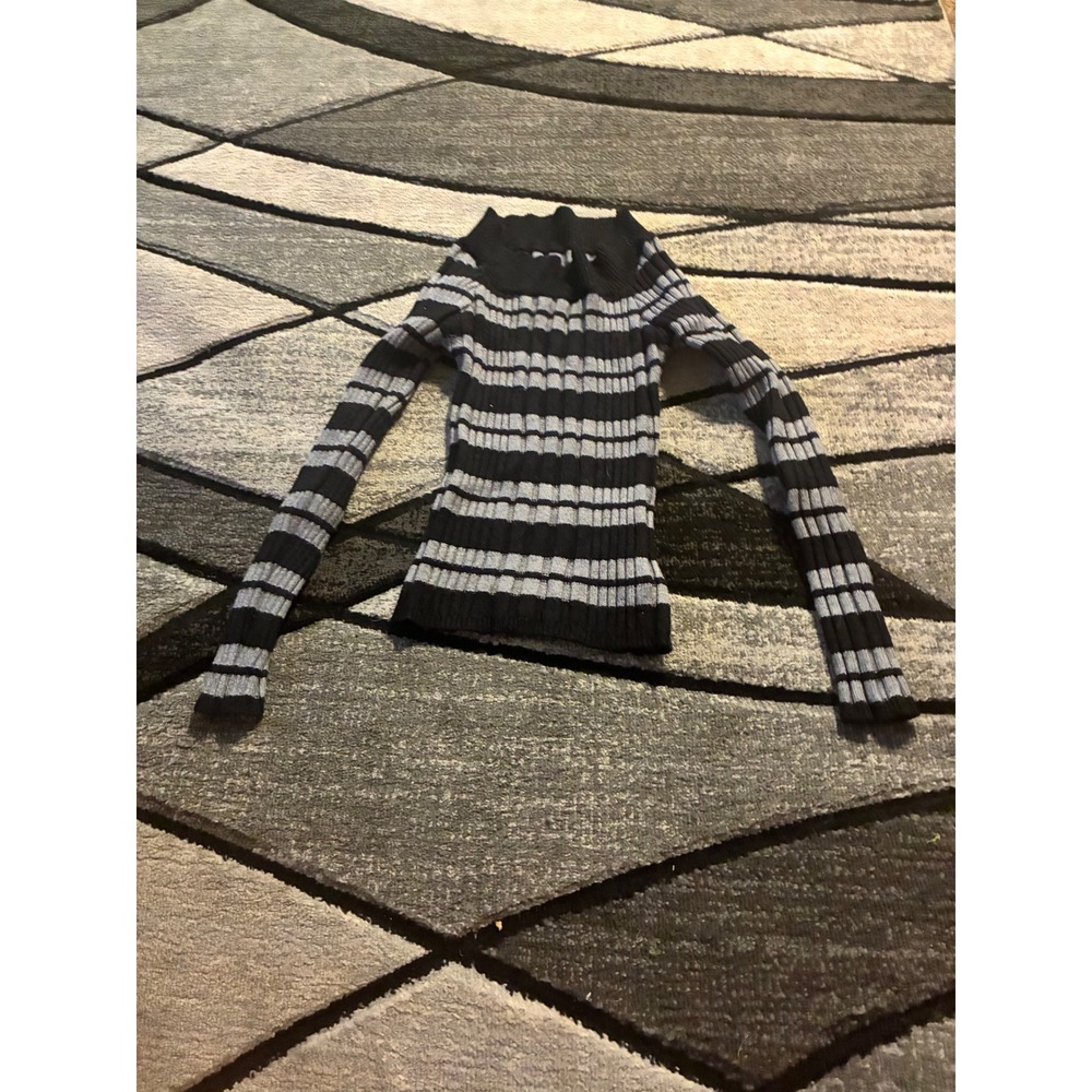 Black and Grey Striped Ribbed Mock Neck Sweater Long Sleeve XS